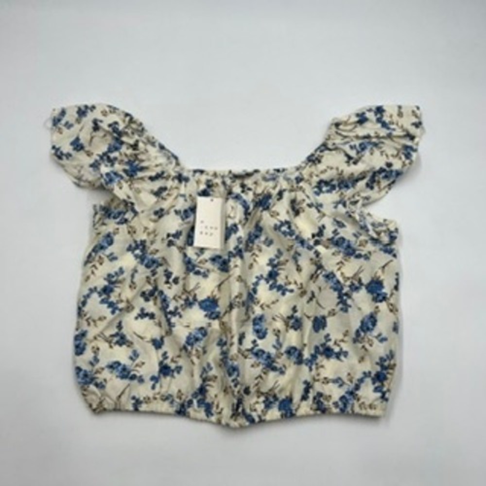 A New Day Blue Floral Flutter Sleeve Bubble Hem Blouse‎ Square Neck Medium NWT